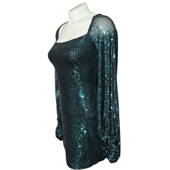 Lucy In The Sky Sequin Long Sleeve Mini Dress Square Neck Party Club  Green - Picture 3 of 7